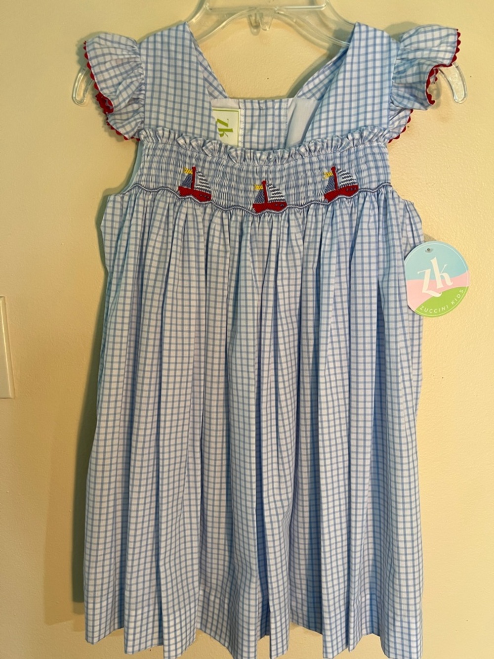 Zuccini Kids Light Blue Check Sailboat Smocked Dress